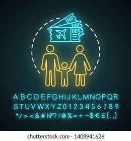 Family trip neon light concept icon. Travel style idea. City tours. Kid-friendly activities. Vacation destinations. Glowing sign with alphabet, numbers and symbols. Vector isolated illustration