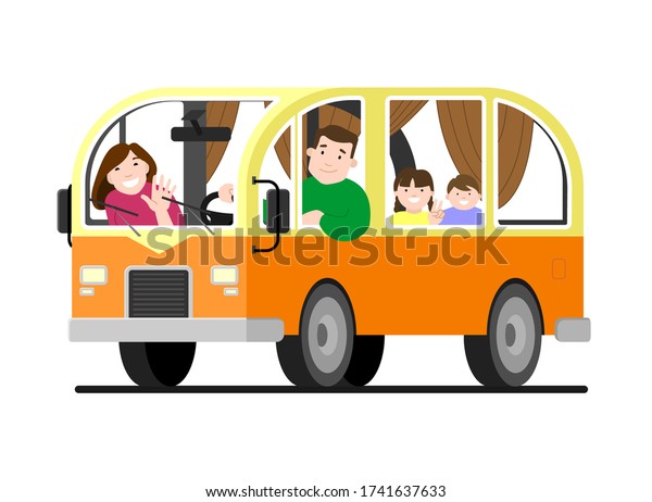 A family trip on a minivan; father drives,\
mother, children; camping. Happy cartoon people kids in a retro\
minivan. Road trip, summer\
vacation.