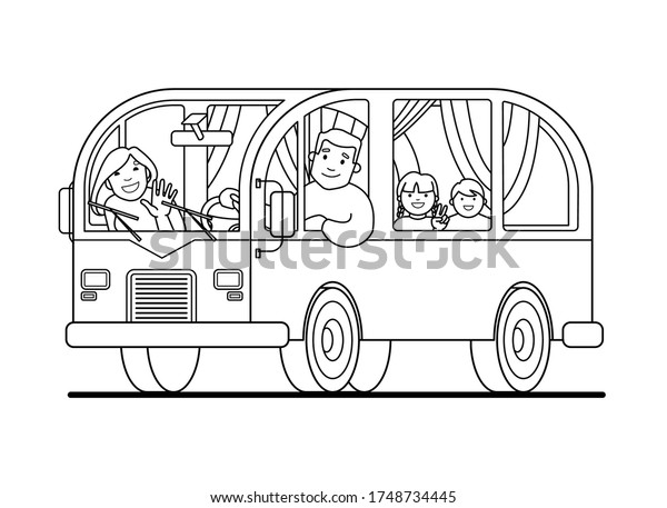 A family trip\
on a minivan; father drives, mother, children; camping. Happy\
cartoon people kids in a retro minivan. Road trip, summer vacation.\
Contour, for coloring book\
page