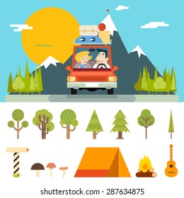 Family Trip Road Car Concept Flat Design Mountain Forest Background Vector Illustration