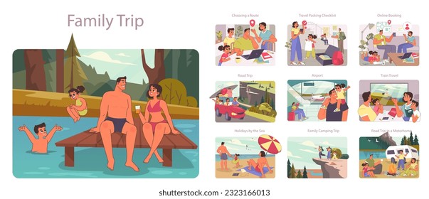 Family trip set. Big family with children planning a vacation on a summer holidays. Set of people swimming, walking relaxing and resting outdoors. Flat vector illustration