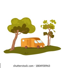  Family trip to travel by car. Vector camper van travel summer adventures illustration. Retro caravan road trip. Summer vacation and tourism in RV. 