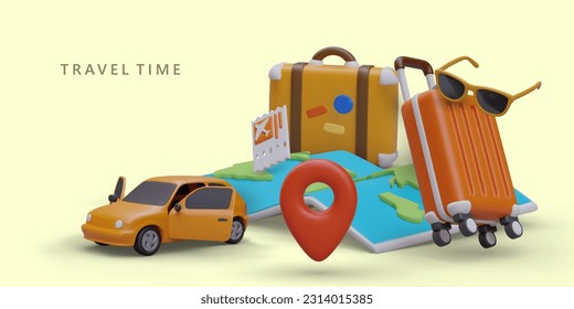 Family trips around world. Air flights, road trips, route and location selection. Researching new resorts, interesting countries. Large 3D illustration, place for logo, text