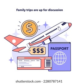 Family trips are up for discussion. Separate family budget managing. Household accounting. Budgeting and financial efficiency of modern family. Flat vector illustration