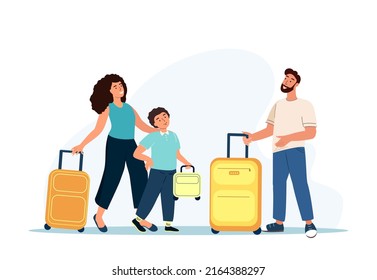 Family Trip,Travel Concept.Bright,Happy Parents and Son with Suitcase Going to Registration in Airport.Tourist Characters,Luggage Boarding on Airplane,Travelers,Passengers.Cartoon Vector Illustration