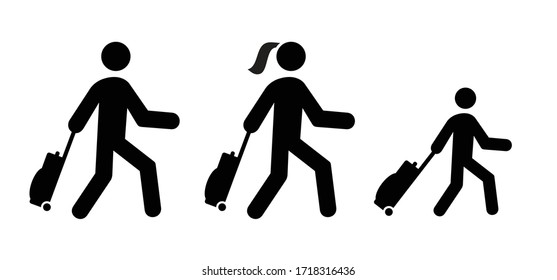 Family with Trolley case Happy woman, man, child or kids Vector bag icon Travel suitcase, luggage for vacation, holiday No cases area, bags zone Walking on street or airport Baggage or handbag to roll