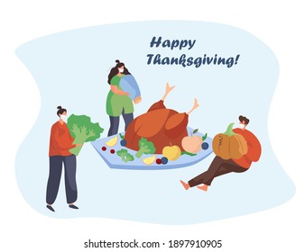 Family Turkey Dinner on Thanksgiving Day during Quarantine.Happy Relatives Eating Festive Thanksgiving Dinner in Medical Mask.Turkey Bird with Pumpkin.Flat Vector Illustration