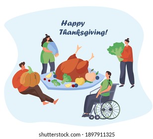 Family Turkey Dinner on Thanksgiving Day.Happy Relatives Eating Festive Thanksgiving Dinner.Fall Holiday Celebration. Annual Festive Meal.Turkey Bird with Pumpkin.Flat Vector Illustration