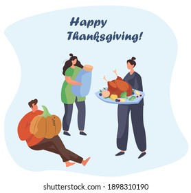 Family Turkey Dinner on Thanksgiving Day.Happy Relatives Eating Festive Thanksgiving Dinner.Fall Holiday Celebration. Annual Festive Meal.Turkey Bird with Pumpkin.Flat Vector Illustration