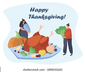 Family Turkey Dinner on Thanksgiving Day.Happy Relatives Eating Festive Thanksgiving Dinner.Fall Holiday Celebration. Annual Festive Meal.Turkey Bird with Pumpkin.Flat Vector Illustration