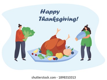 Family Turkey Dinner on Thanksgiving Day.Happy Relatives Eating Festive Thanksgiving Dinner.Fall Holiday Celebration. Annual Festive Meal.Turkey Bird with Pumpkin.Flat Vector Illustration