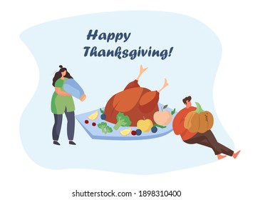 Family Turkey Dinner on Thanksgiving Day.Happy Relatives Eating Festive Thanksgiving Dinner.Fall Holiday Celebration. Annual Festive Meal.Turkey Bird with Pumpkin.Flat Vector Illustration