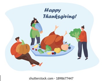 Family Turkey Dinner on Thanksgiving Day.Happy Relatives Eating Festive Thanksgiving Dinner.Fall Holiday Celebration. Annual Festive Meal.Turkey Bird with Pumpkin.Flat Vector Illustration