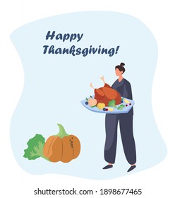 Family Turkey Dinner on Thanksgiving Day.Happy Relatives Eating Festive Thanksgiving Dinner.Fall Holiday Celebration. Annual Festive Meal.Turkey Bird with Pumpkin.Flat Vector Illustration