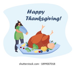 Family Turkey Dinner on Thanksgiving Day.Happy Relatives Eating Festive Thanksgiving Dinner.Fall Holiday Celebration. Annual Festive Meal.Turkey Bird with Pumpkin.Flat Vector Illustration