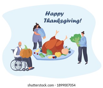 Family Turkey Dinner on Thanksgiving Day.Happy Relatives Eating Festive Thanksgiving Dinner.Fall Holiday Celebration. Annual Festive Meal.Turkey Bird with Pumpkin.Flat Vector Illustration