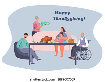 Family Turkey Dinner on Thanksgiving Day.Happy Relatives Eating Festive Thanksgiving Dinner.Fall Holiday Celebration. Annual Festive Meal.Turkey Bird with Pumpkin.Flat Vector Illustration