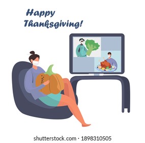 Family Turkey Online Dinner on Thanksgiving Day during Quarantine.Happy Relatives Eating Festive Thanksgiving Dinner in Coronavirus.Annual Festive Meal.Turkey Bird with Pumpkin.Vector Illustration