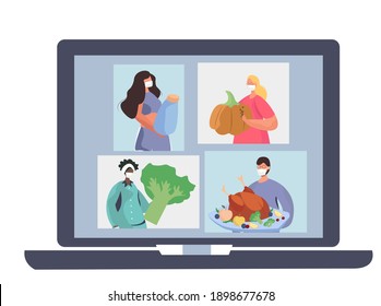 Family Turkey Online Dinner on Thanksgiving Day during Quarantine.Happy Relatives Eating Festive Thanksgiving Dinner in Coronavirus.Annual Festive Meal.Turkey Bird with Pumpkin.Vector Illustration