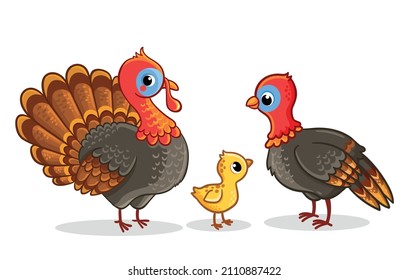 Family of turkeys stands on a white background. Vector illustration with turkeys in cartoon style.
