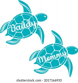 Family turtle svg vector Illustration isolated on white background. Mandala sea turtle silhouette cut file. Sea animal svg. Concept undersea world illustration. Mommy turtle and daddy turtle.  svg