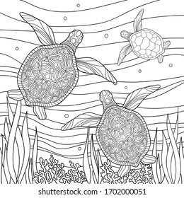 Family of turtles with small patterns in underwater world with corals and algae on white isolated background. Sea hand drawn illustration. For kids and adults coloring book pages. svg