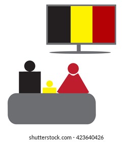 Family and a TV. Flag of Belgium.