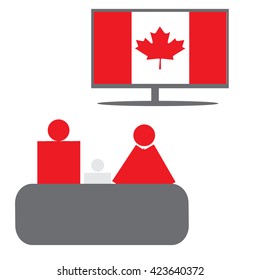 Family and a TV. Flag of Canada.