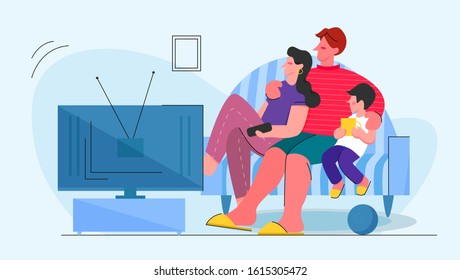 Family tv flat vector illustration. Relatives on couch at home. Mother, father and kid watching television. Weekend leisure scene. Parents and child cartoon characters time together.