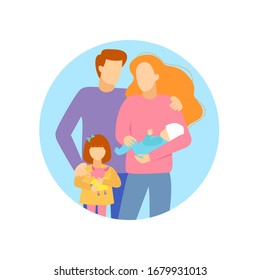Family with two children. Dad and mom with daughter and baby. Married couple with children.