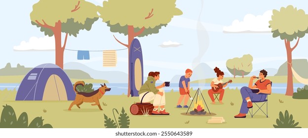 Família com dois filhos e um cão no acampamento sentado perto da fogueira plana vetor ilustração. Cena de acampamento de verão.