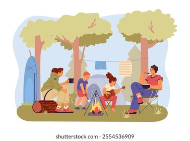 Family with two children and a dog at campsite sitting near bonfire flat vector illustration. Family spending time together outdoors.