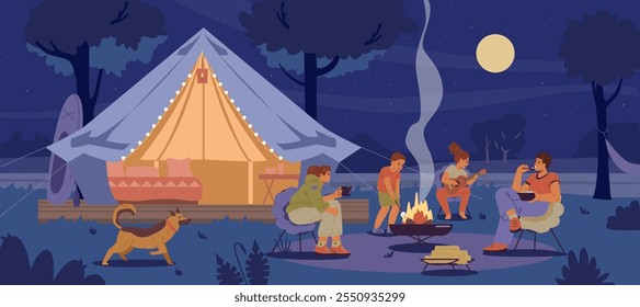 Família com duas crianças e um cão em glamping sentado perto da fogueira na noite plana vetor ilustração. Família passando tempo juntos ao ar livre.