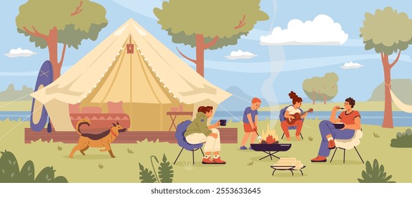 Family with two children and a dog at glamping sitting near bonfire flat vector illustration. Family spending time together outdoors.