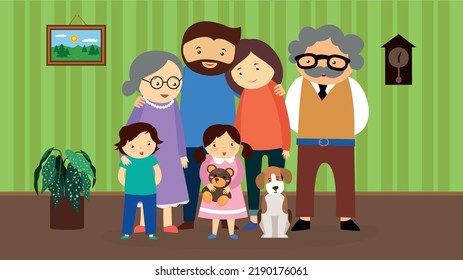 Family with two children gathered together at grandma with grandpa and dog