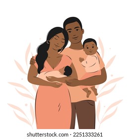 Familia con dos hijos. Felices padres de piel oscura con recién nacidos. Lactancia materna y maternidad. Ilustración vectorial.