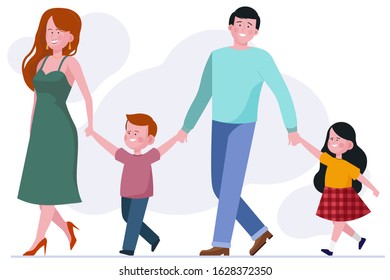 Family with two children. Happy young couple walking and leading kids by hands flat vector illustration. Parenthood, family, love concept for banner, website design or landing web page