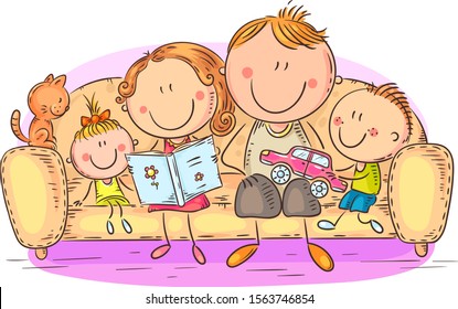 Family with two children at home together, Vector illustration