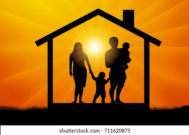 Family With Two Children In The House At Sunset, Silhouette Vector