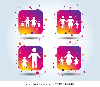 Family with two children icon. Parents and kids symbols. One-parent family signs. Mother and father divorce. Colour gradient square buttons. Flat design concept. Vector