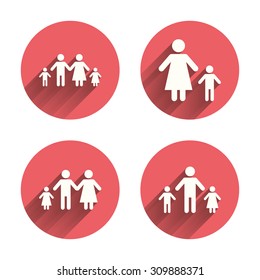 Family with two children icon. Parents and kids symbols. One-parent family signs. Mother and father divorce. Pink circles flat buttons with shadow. Vector