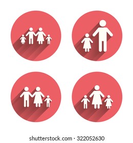 Family with two children icon. Parents and kids symbols. One-parent family signs. Mother and father divorce. Pink circles flat buttons with shadow. Vector