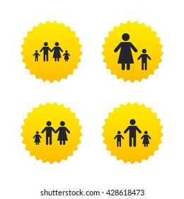 Family with two children icon. Parents and kids symbols. One-parent family signs. Mother and father divorce. Yellow stars labels with flat icons. Vector