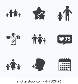 Family with two children icon. Parents and kids symbols. One-parent family signs. Mother and father divorce. Flat talking head, calendar icons. Stars, like counter icons. Vector