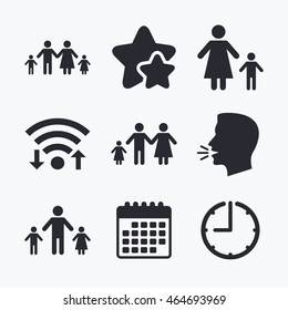 Family with two children icon. Parents and kids symbols. One-parent family signs. Mother and father divorce. Wifi internet, favorite stars, calendar and clock. Talking head. Vector