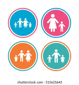 Family with two children icon. Parents and kids symbols. One-parent family signs. Mother and father. Colored circle buttons. Vector