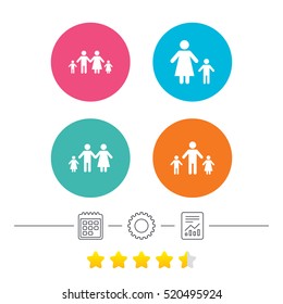 Family with two children icon. Parents and kids symbols. One-parent family signs. Mother and father divorce. Calendar, cogwheel and report linear icons. Star vote ranking. Vector