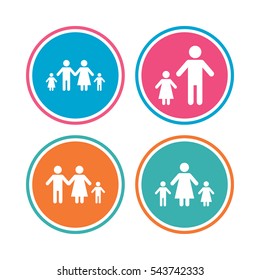Family with two children icon. Parents and kids symbols. One-parent family signs. Mother and father divorce. Colored circle buttons. Vector