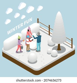 Family with two children making snowman during winter holidays isometric 3d vector illustration