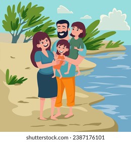 Family with two children on bank of river. Vector illustration. People enjoying nature. Family, nature concept